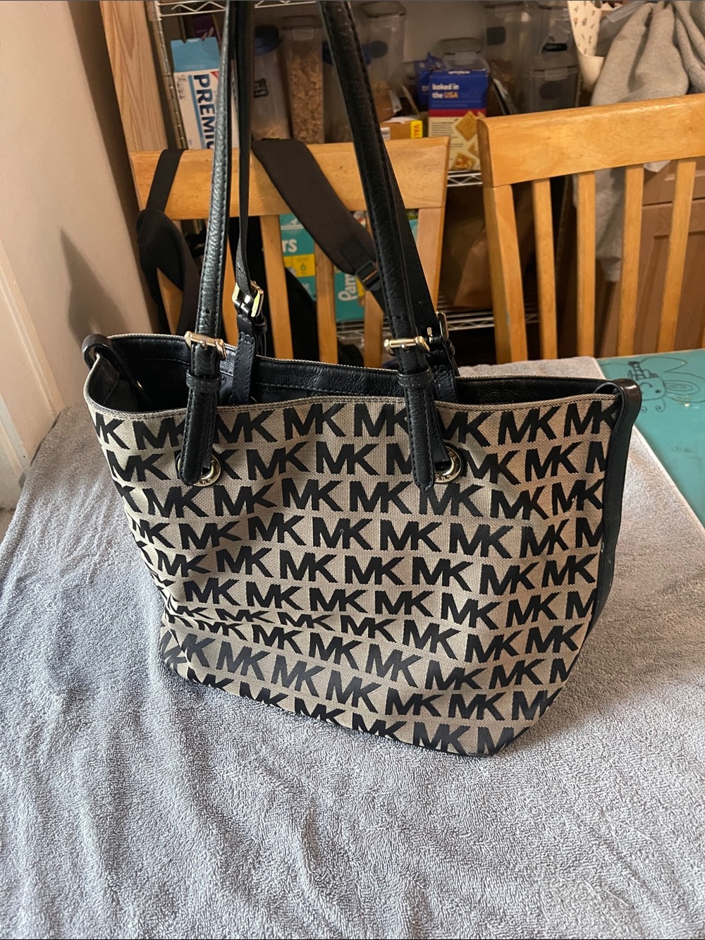 Michael Kors Black and Beige MK Logo Tote